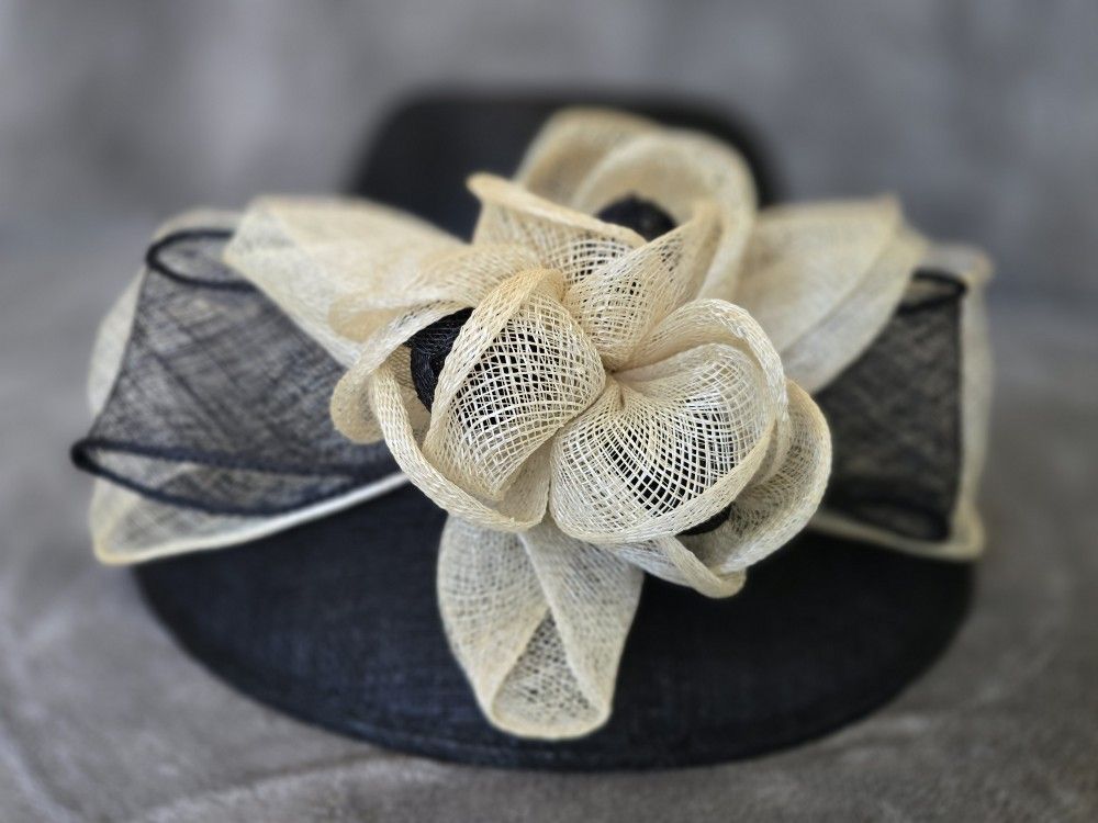 Black and Cream Church Hat – Elegant Wide Brim with Bow Accent