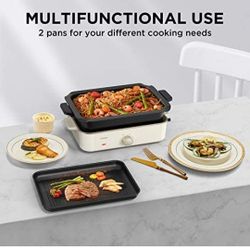 Electric Foldaway Skillet Grill Combo, Indoor BBQ Grill, Stew and Hotpot with Nonstick Pan, Precise Temperature Control and Tempered Glass Vented Lid,