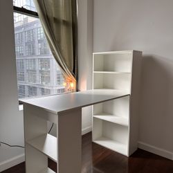 White Desk with Built-In Tiered Bookshelf & Smaller Side Shelf