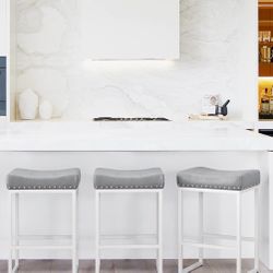  BONA Counter Height Bar Stools, 24" Square Saddle Barstools Set of 3, Counter Stool, Light Gray
