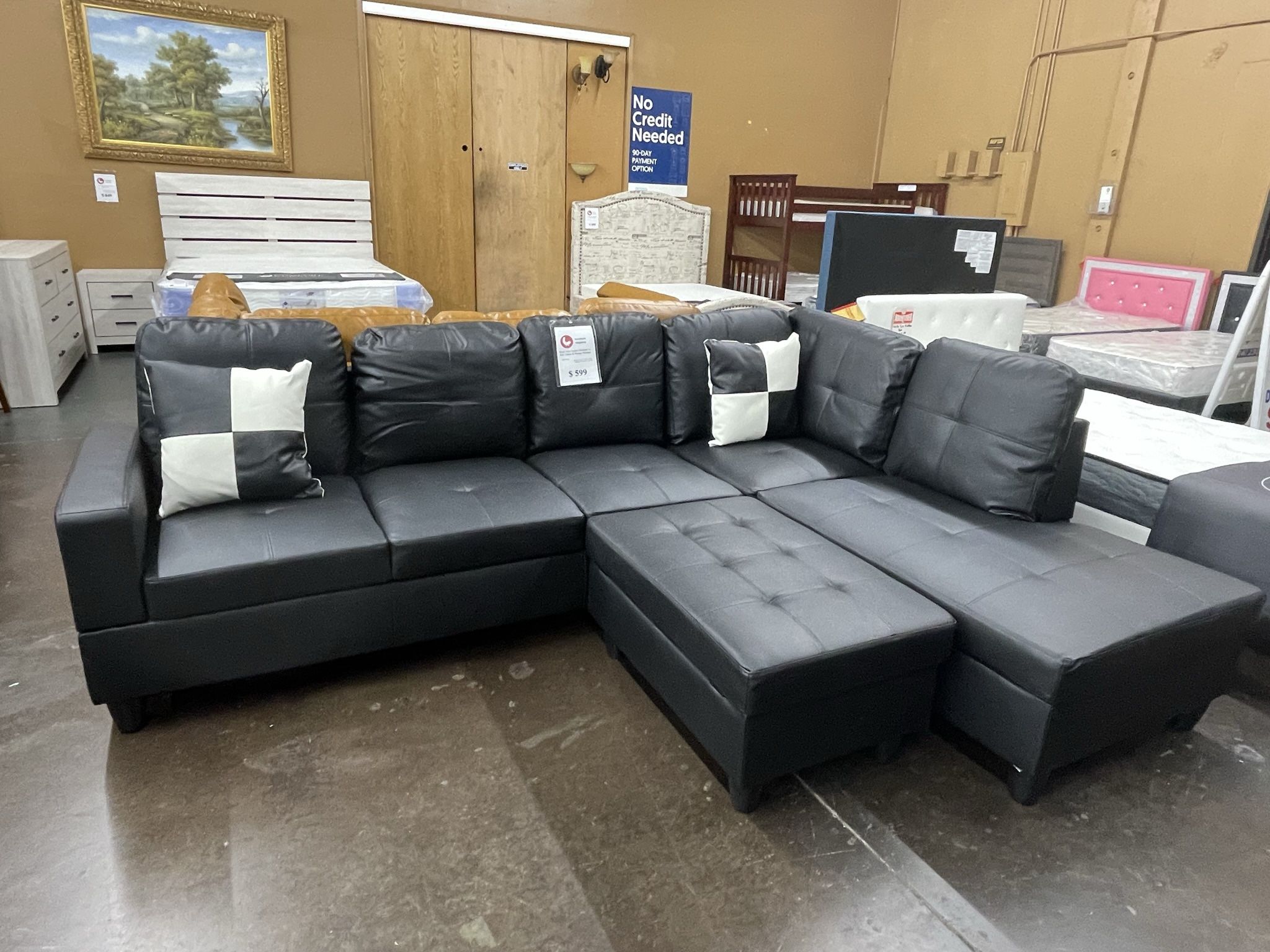 Black Leather Sectional Sofa With Storage Ottoman