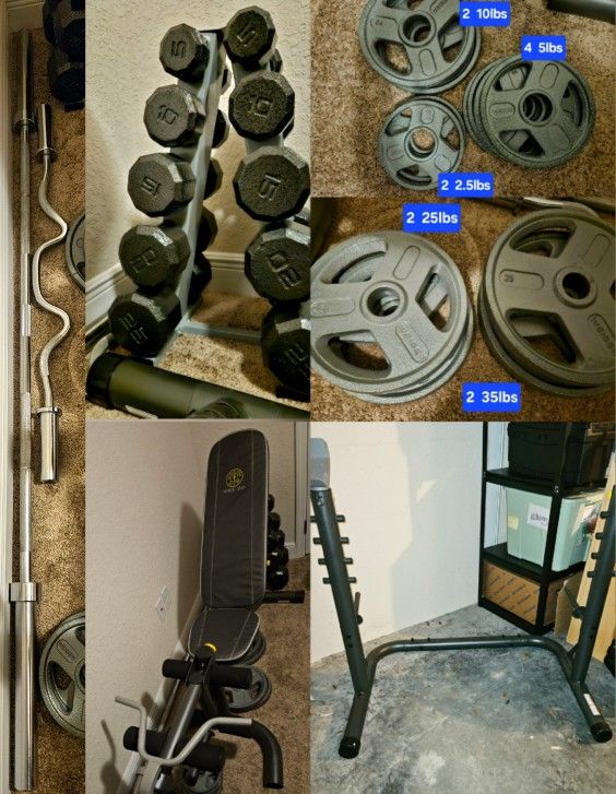 Home Gym Weight Set w/ Dumbbells, Weight Plates, Bench, Squat Rack, & Bars