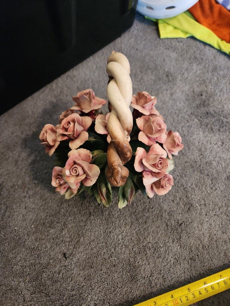 Vintage Italian Capodimonte Porcelain Flower Basket with Pink Roses and Green Leaves