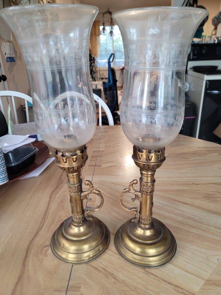 Vintage Solid Brass Hurricane Lamps (Matching Pair) – Etched Glass