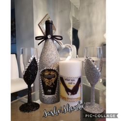 Custom bottles wine glasses and candle