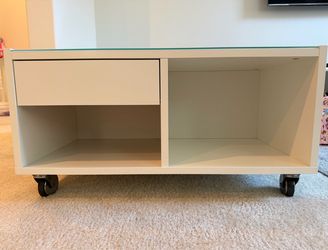 Modern White Coffee Table with Glass Top & Storage – Rolling Wheels