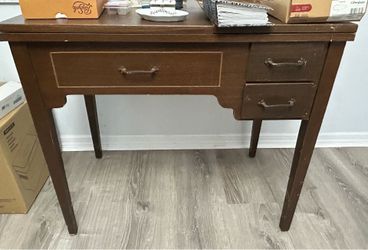 Vintage Folding Sewing Machine in Solid Wood Cabinet