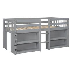 Gray Twin Size Kid Low Loft Bed with Two-Tier Shelves and LED Light