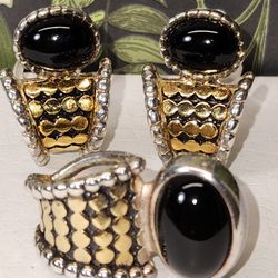 #2204, RETIRED JEWELRY, SIGNED, PREMIER DESIGNS' ONYX DEMI PARURE SET, CLIP EARRINGS, PENDANT
