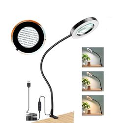 10X Magnifying Glass with Light and Clamp, 3 Color Modes Stepless Dimmable Lighted Magnifying Lamp, Flexible Gooseneck LED Magnifier with Stand for Cr