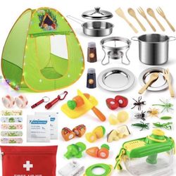 40 PCS Kids Camping Set, Pop Up Play Tent with Kids Cookware Toy, Outdoor Explore Kit & First AID pl