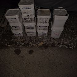 Ten buckets of 8 in screws and two buckets of plates for TPO