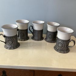 Set of 5 Phaltzgraff Yorktowne Coffee Mugs with Tin Punched Holders