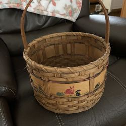 Real Old Basket With Painting Rabbis On It 