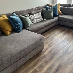 Potato Barn Oversized Plush Down Feather Chaise Sectional, Gray Basketweave Performance Fabric