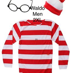Where’s Waldo Men Costume Small & Medium & Large 3 pc Halloween