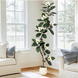 Rubber Tree 6 ft Artificial Tree in White Planter Pot, Faux Plants Indoor Faux Floor