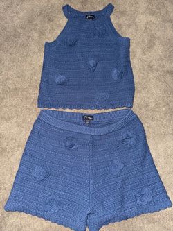 Blue Knit Crop Top and Shorts Set
