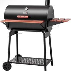 ❤️ Barrel Charcoal Grill with Wood-Painted Side Front Table, 627 Square Inches Cooking Space, for Outdoor Backyard, Patio and Parties, Black 
