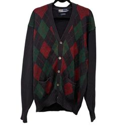 Vintage Ralph Lauren Red and Green Argyle Cardigan Size:XL