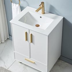 24 inch Vanity,Small Bathroom Vanity,White Bathroom Vanity with Sink,Wood Standing Bathroom Vanity Set with Ceramic Vessel Sink 2 Doors1 Drawer