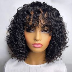 Curly 100% Human Hair Wig With Bangs 