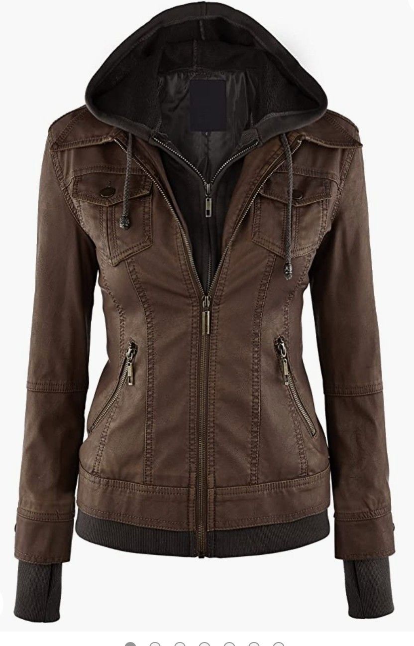 Faux Leather Motorcycle Jacket With Hood