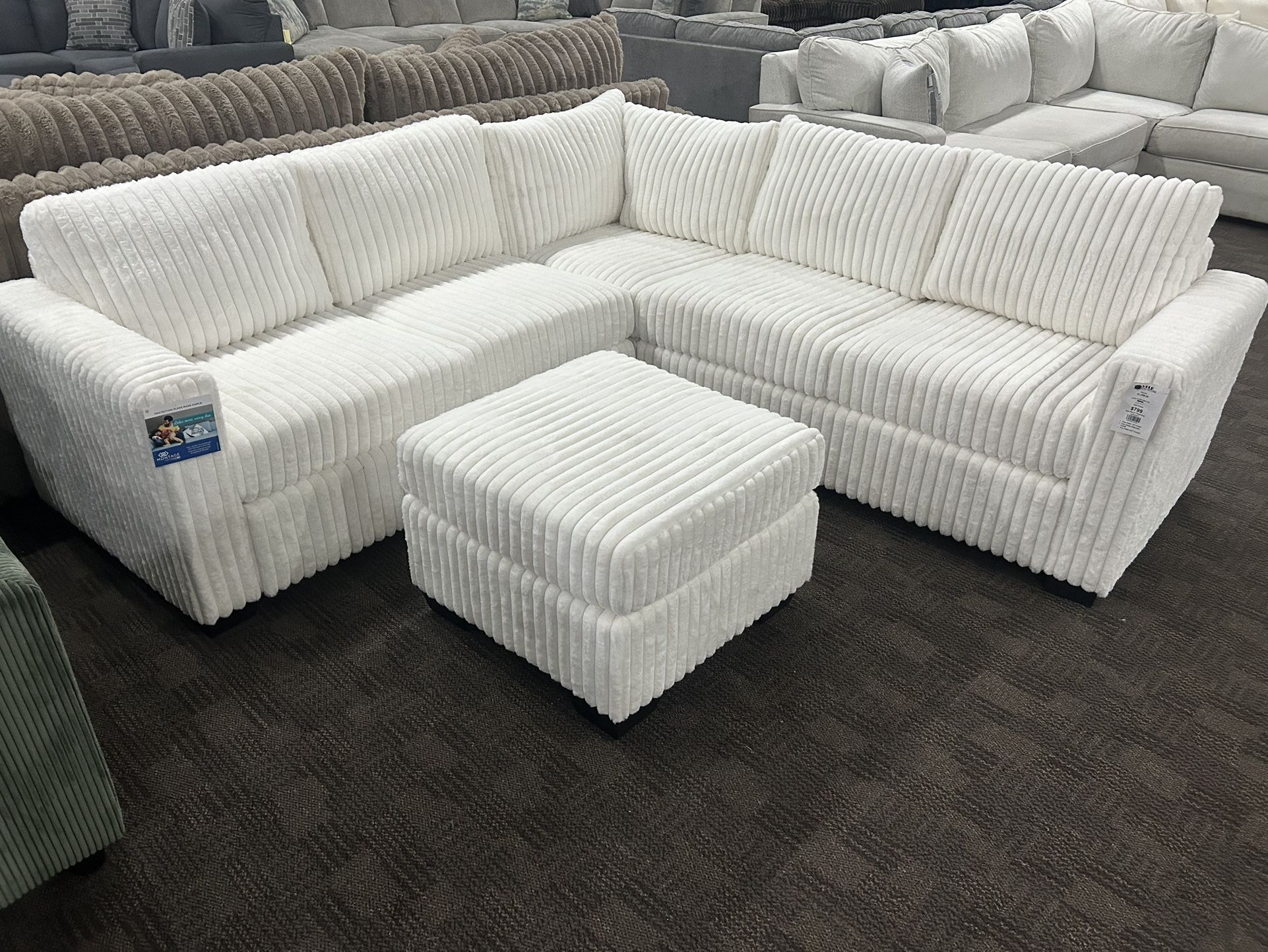 White Thick Corduroy Sectional And Ottoman