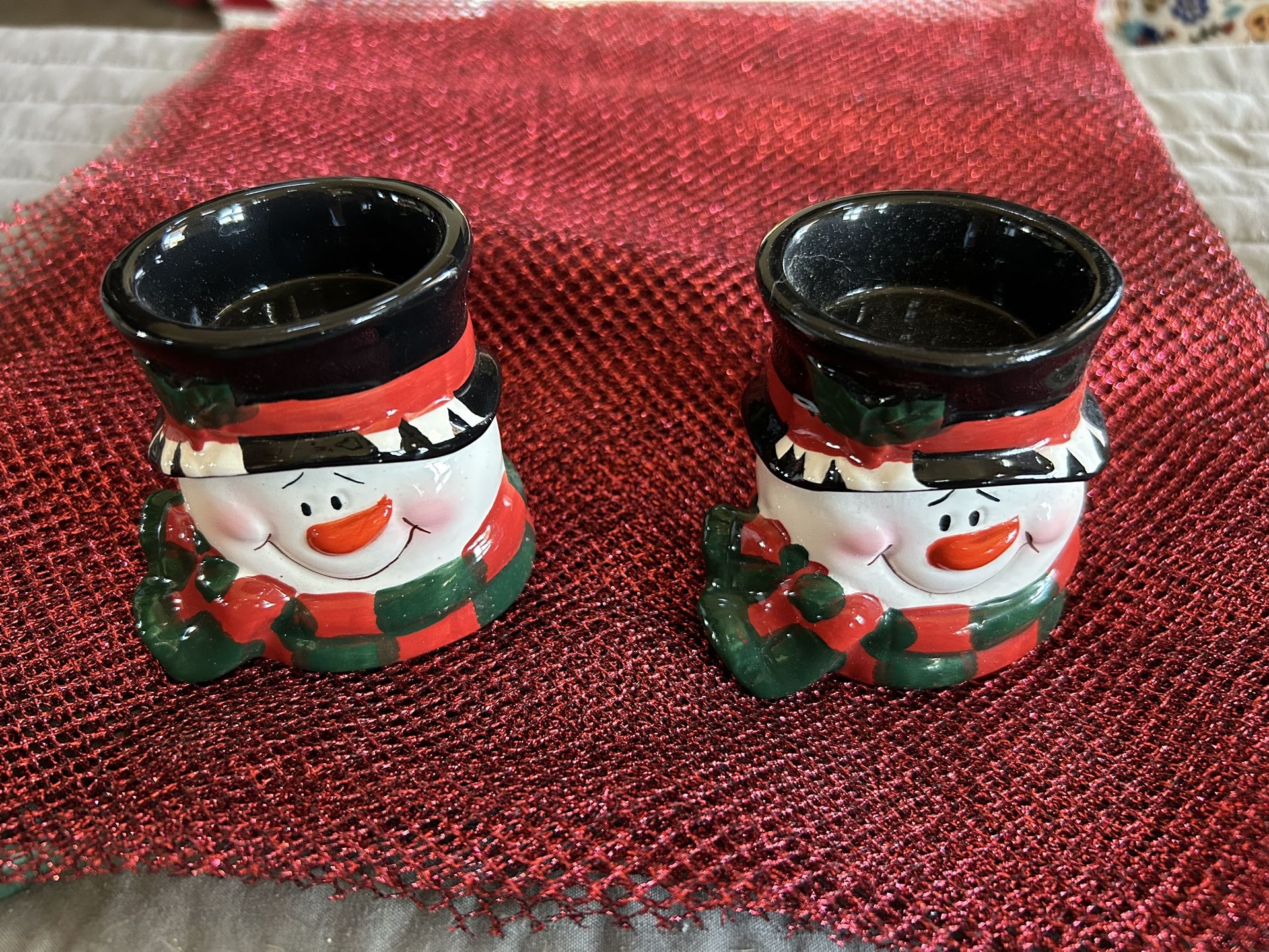 Like New Pair Of Christmas Snowman Candle Holders.