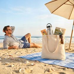BTEXPERT 100% Cotton Natural Canvas Tote Bags 12oz, Reusable Shopping Bag for Grocery, DIY, Promotions & Events, 15"×16"×3" - NS5343