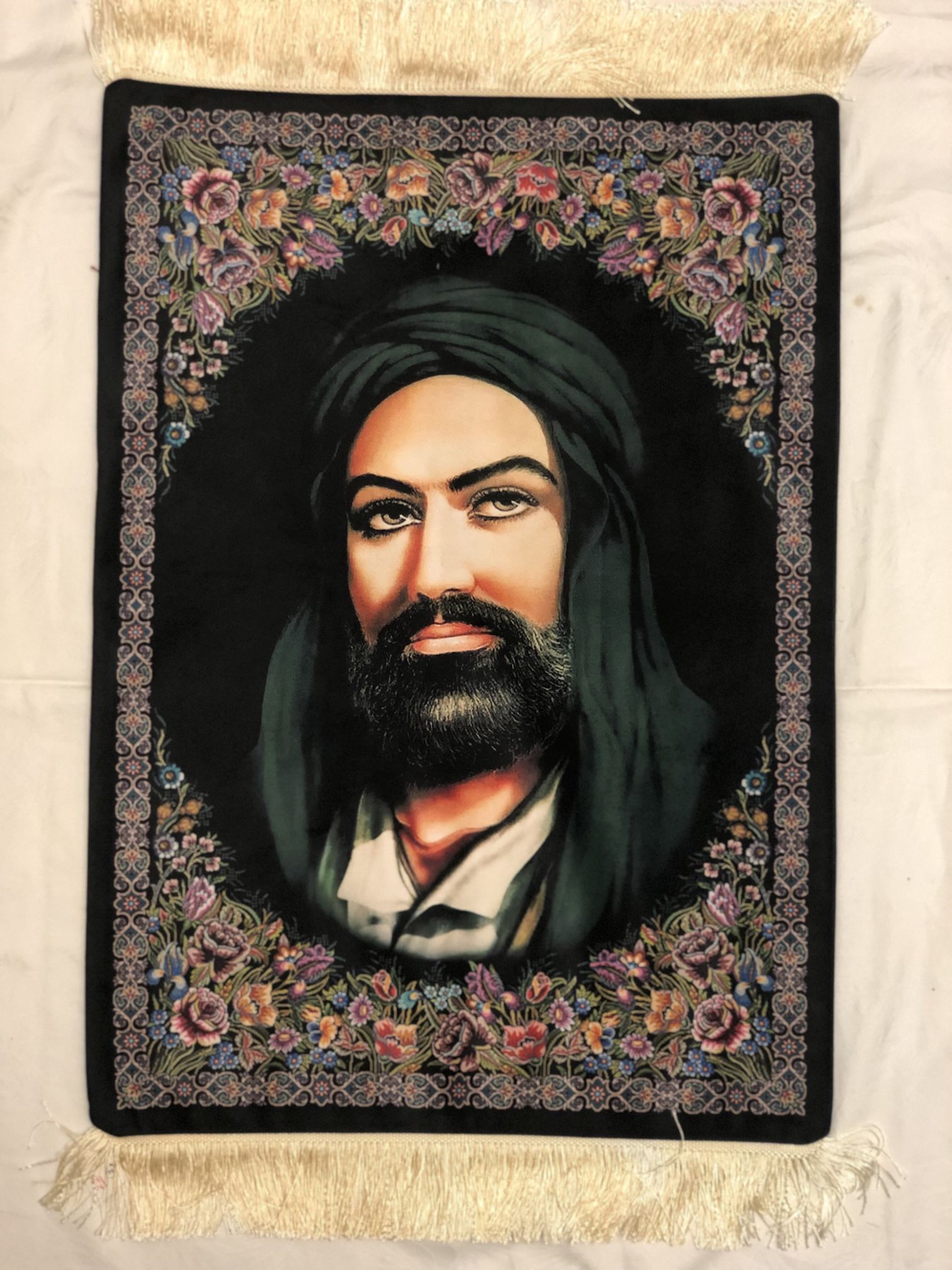 New 2 Sides Tapestry Velvet Wall Hanging  Holy Man Imam Ali 27”x19” Beautiful Color And Material .please Look At My Profile To See All Items Thanks
