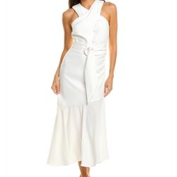 $495 SACHIN & BABI Naomi Halter Asymmetric Midi Dress | Ivory | Size 14