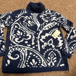 NWT St John's Bay Women's Blue and White Paisley Turtleneck Sweater Poly Blend