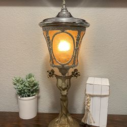 Vintage Amber Glass Bronze Brass Lady Lamp 