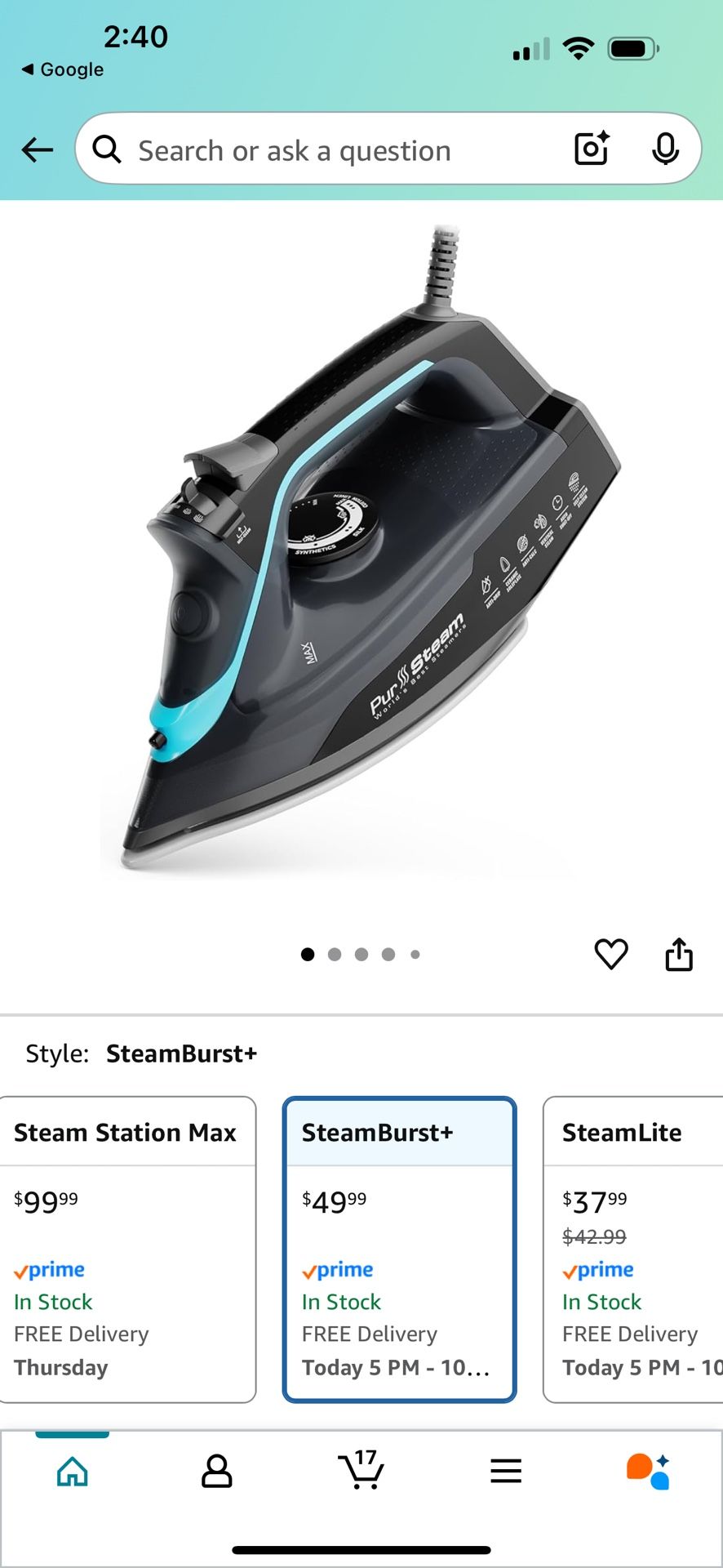 Pursteam Steam Iron for Clothes 1700W