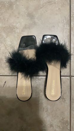 shejoyo women’s slide sandals with black faux fur fur trim slip on size 7.5 medium