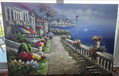 Coastal Village Painting - 48" X 72"