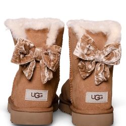 Women's UGG mini Boots Chestnut Velvet Bow Sz 11