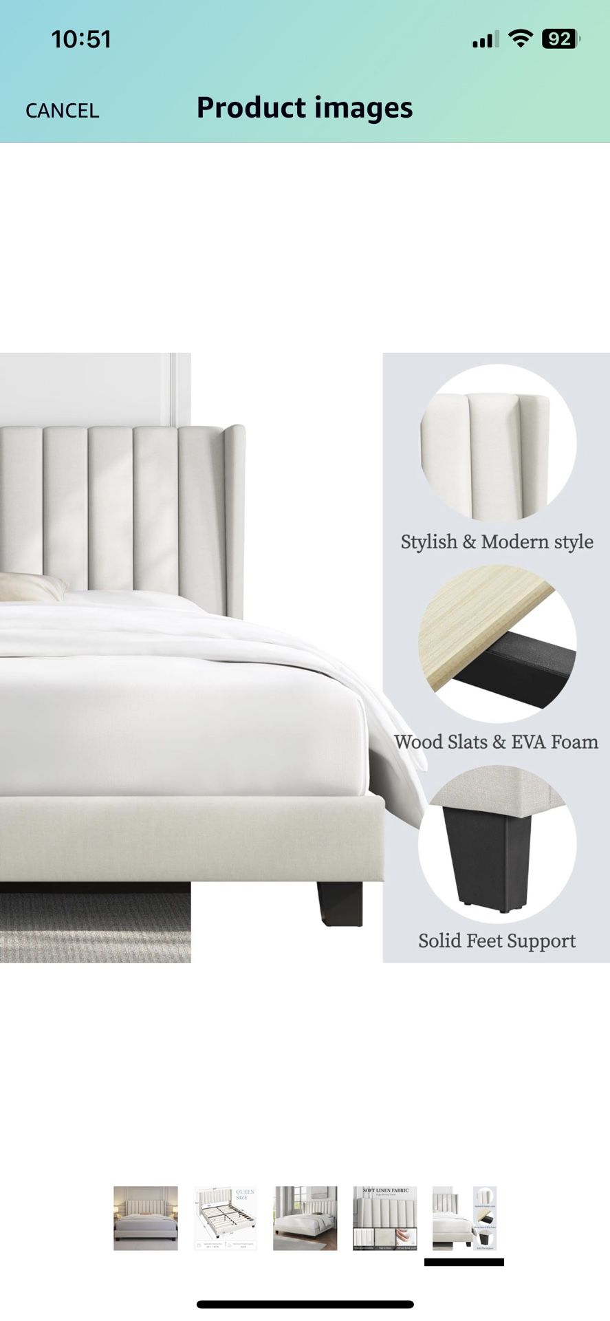 Selling Cream Queen Bed Frame with Fabric Headboard