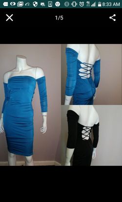 Strapless off the shoulder dress in black and deep turquoise blue