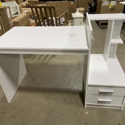 Assembled New White Desk with 2 Storage Drawers & Bookshelf, Home Office Desk with Corner Bookshelf & Printer Stand, Small Writing Study Desk