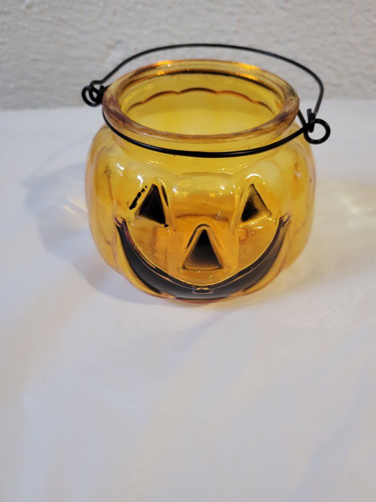 Pumpkin Glass Hanging Jack O Lantern Tealight Candleholder Halloween Candy Dish