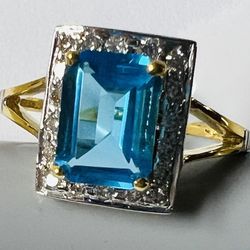 Natural DIAMONDS 0.25 Blue topaz 14kt Solid Yellow Gold Ring Size 6# wedding