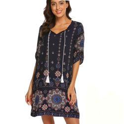 New Women’s Mandala Print  Navy Tassel Tie  Dress Size Medium