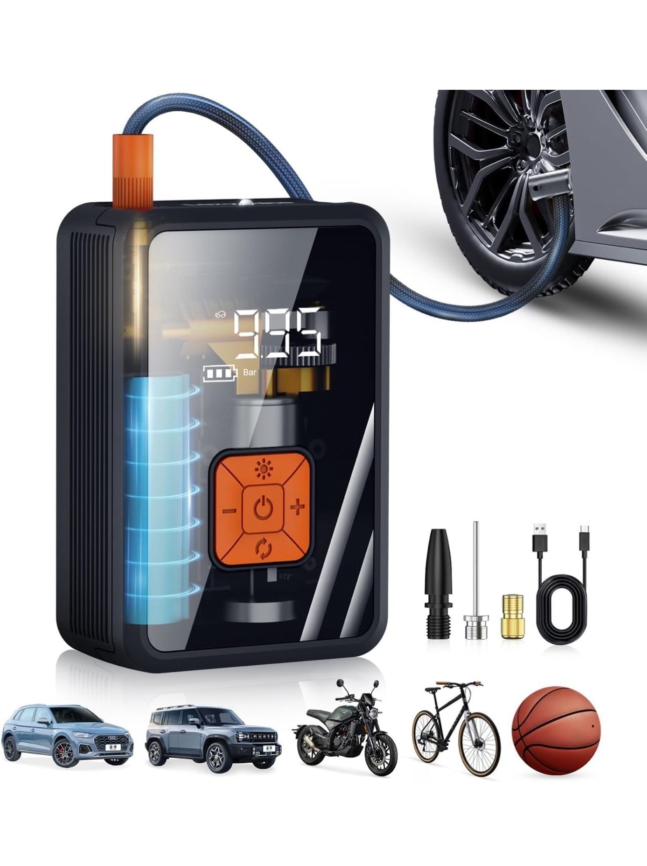 Portable Air Pump for Car Tires, 150 PSI Tire Inflator Cordless with LED Light, Rechargeable Auto Shut-off Air Compressor 2X Fast Inflation Tire Pumps