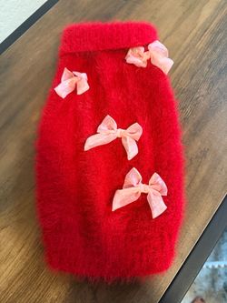 SMALL dog / cat red sweater dress with pink organza bows