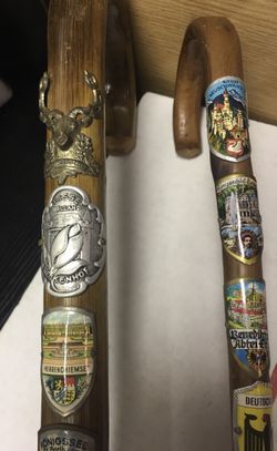  Vintage German Austrian Hiking Cane Wood Stick StockNagel With Intricate Badges Alpine Made In Germany Holland 