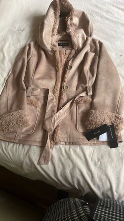Jones New York Woman Size L faux suede faux fur hip length hooded jacket