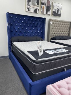 Upholstered and Crystal Tufted Queen Bed in various colors on Sale