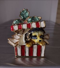 Dog Gift Box Trinket Box,Christmas Puppy in Gift Box Enamel
